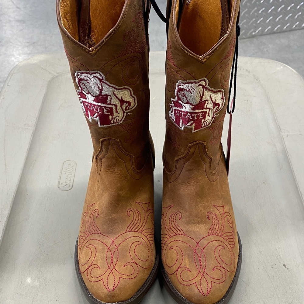 Mississippi State Brown Western Boots with Red Embroidery
